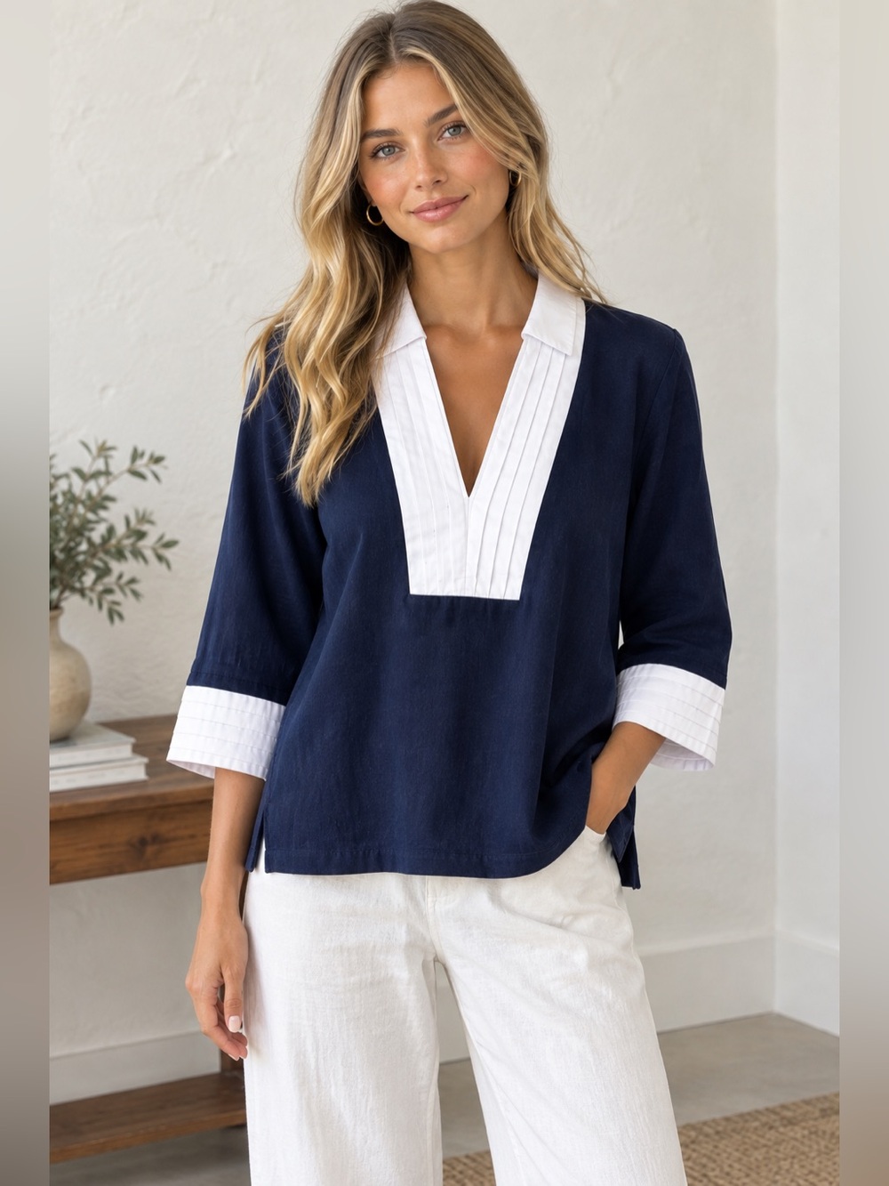 Hinson Wu Navy Blue White Pin tuck Placket 3/4 Sleeve Top Size S
